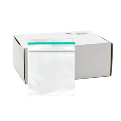 Box of 1000 clear zipper bags with green zip seal on a white background"