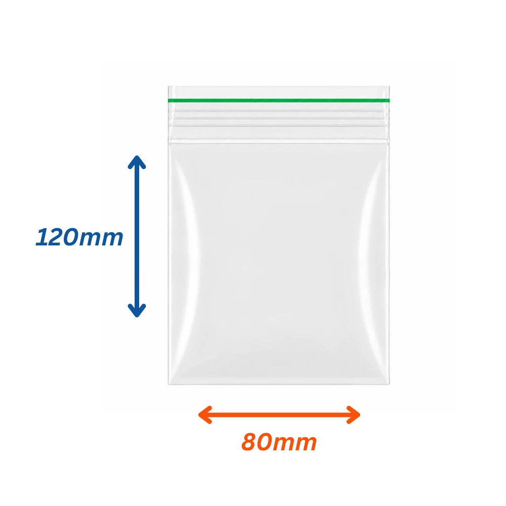 A clear plastic zip-top bag shown on a white background with dimension arrows and labels indicating 120mm height and 80mm width.