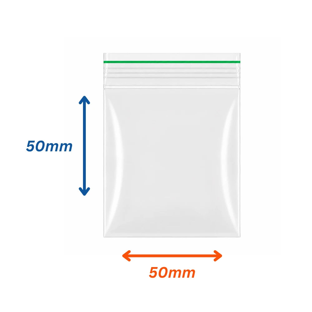 A clear plastic zip-top bag shown on a white background with dimension arrows indicating 50mm height and 50mm width.