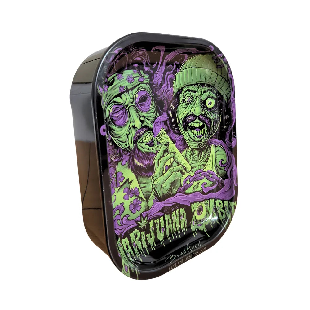 Zombie-themed metal box with colourful design on a white background