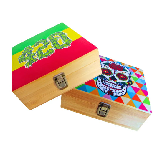 Wooden box with colourful lid featuring a skull & 420 designs on a white background