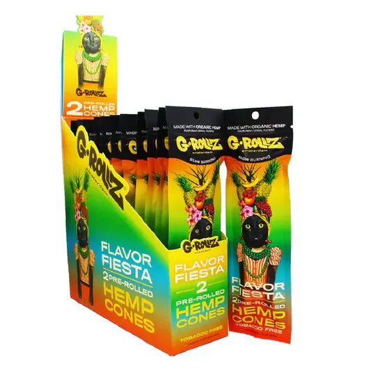 G-Rollz terpene-infused hemp cones 12-pack colourful display box - Flavour Fiesta