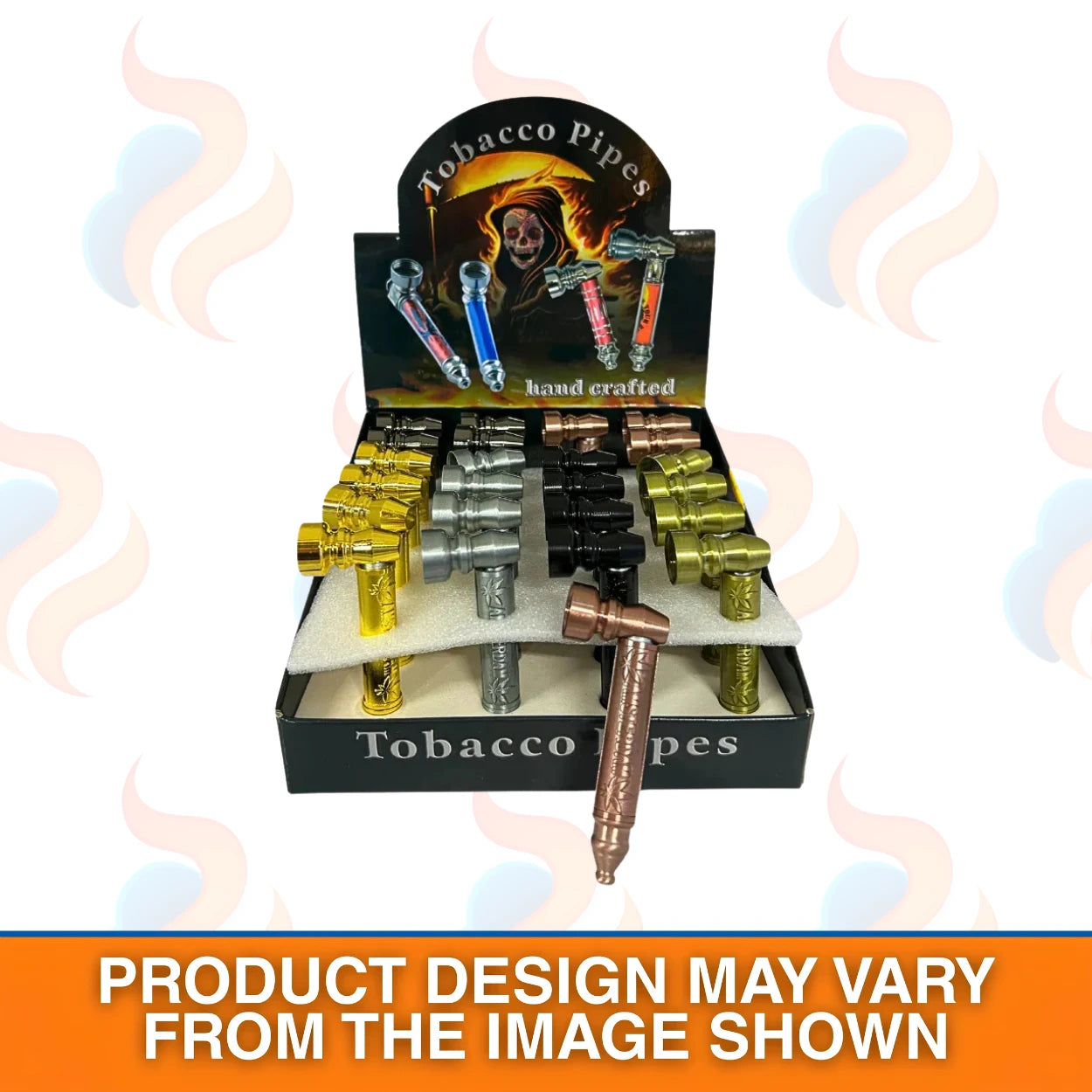 Display of 24 hand crafted tobacco pipes with a colourful design on the packaging on white background
