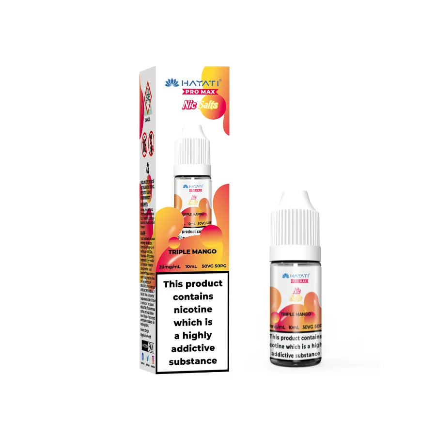 Hayati Pro Max Salts Triple Mango vape juice packaging on a white background
