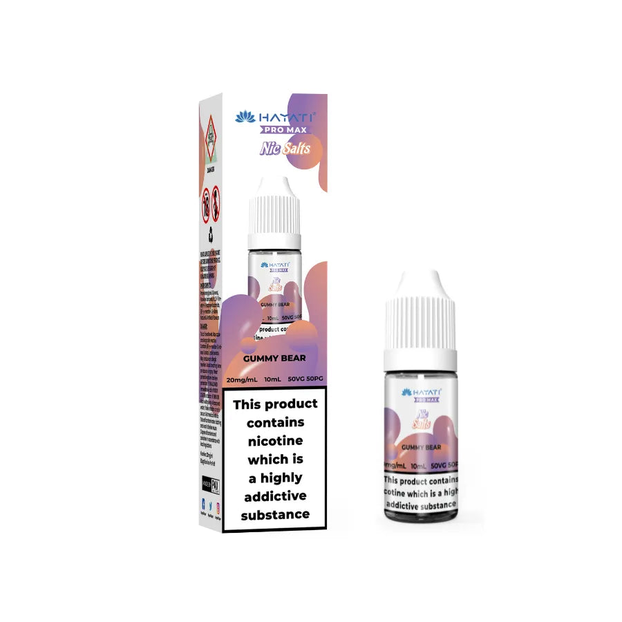 Vape device and packaging with nicotine warning label on a white background