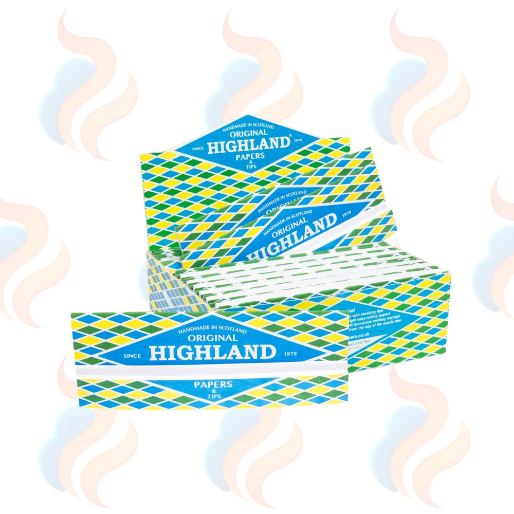 Stack of Original Highland Papers packaging on a white background with decorative elements.