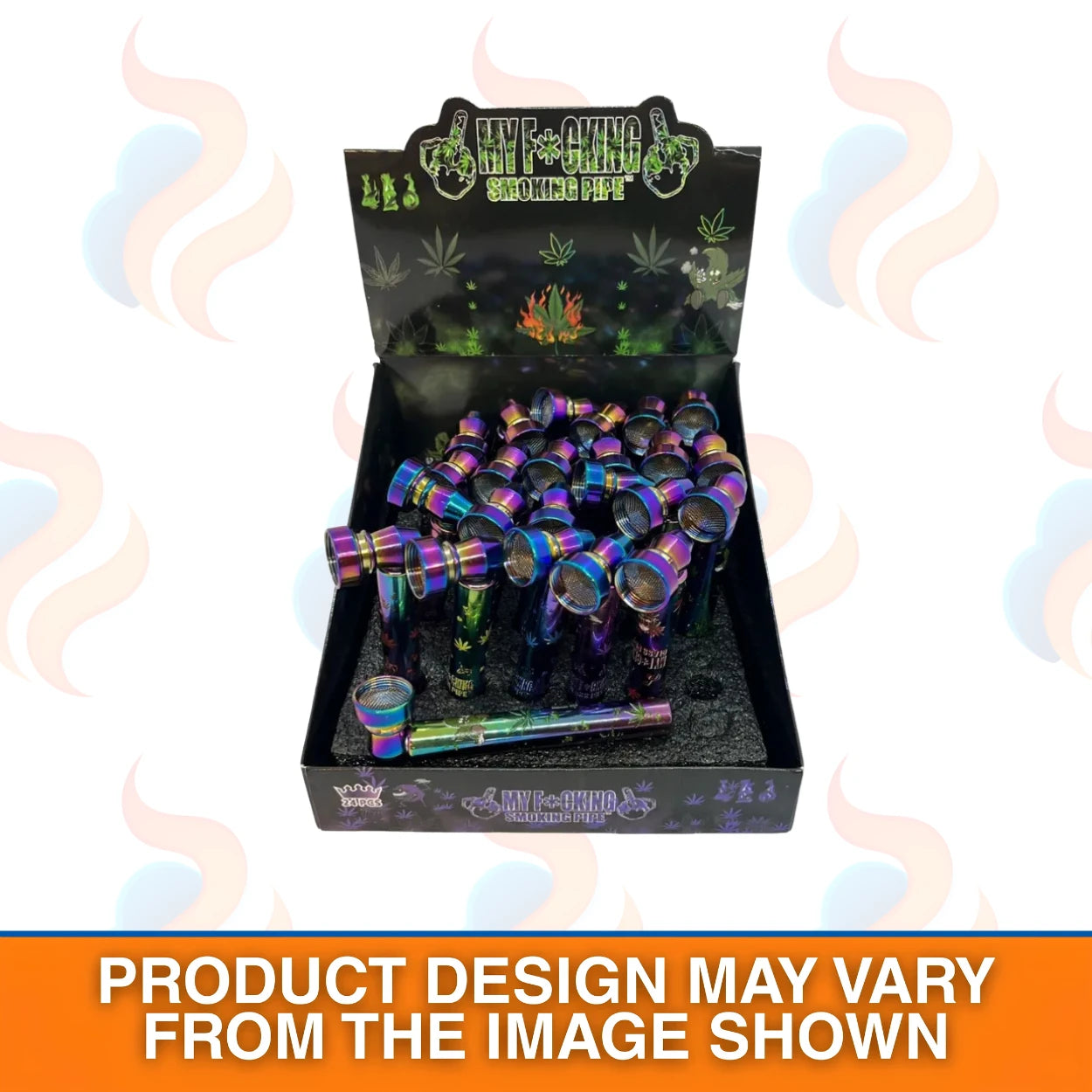 Box of colourful smoking accessories with a cannabis-themed design on a white background.