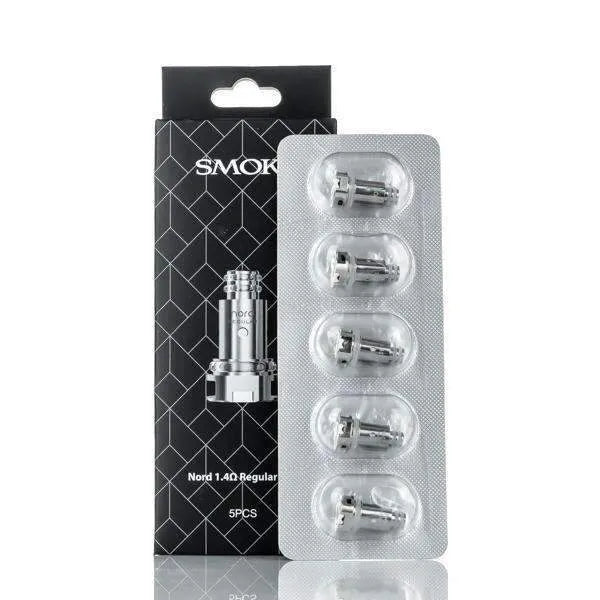Smok brand vape coils packaging with five silver coils in a clear blister pack on a white background.