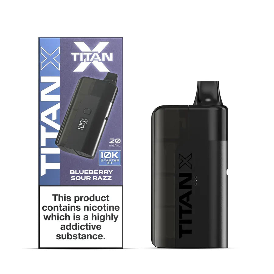 Black TITAN X vaping device with packaging on a white background