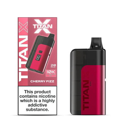 Red and black TITAN X vaping device with packaging on a white background