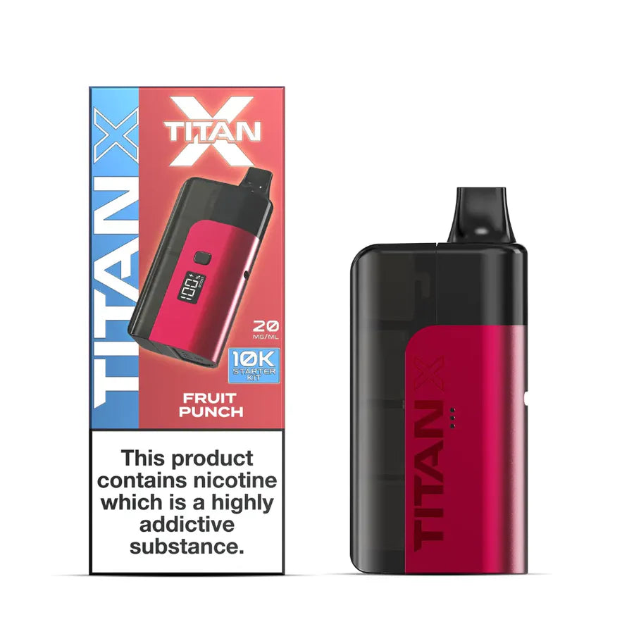 Titan X vape device with packaging and 'Fruit Punch' flavor label on a white background