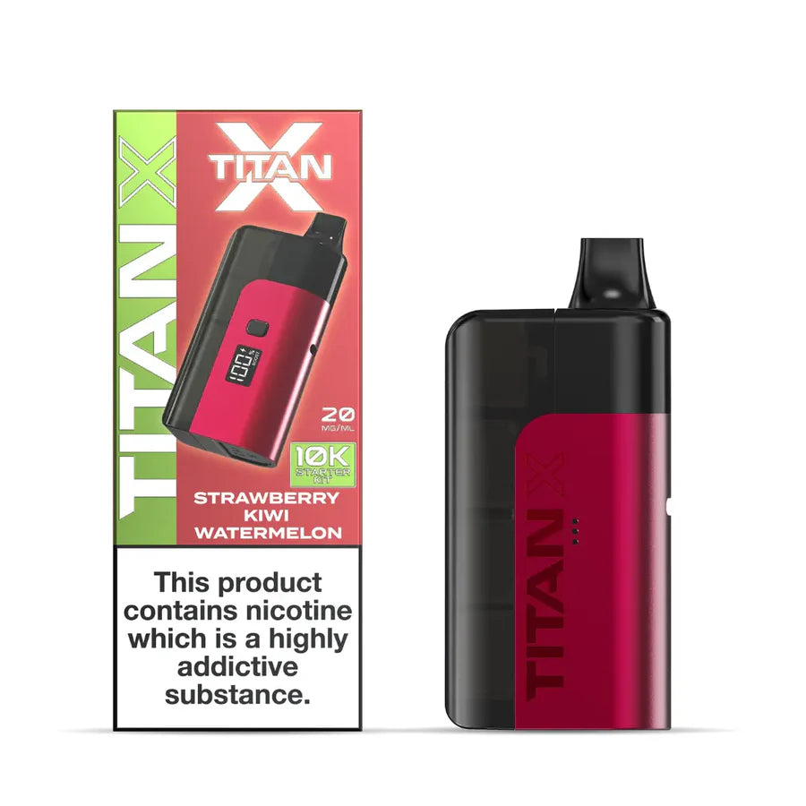 Red TITAN X vape device with packaging on a white background