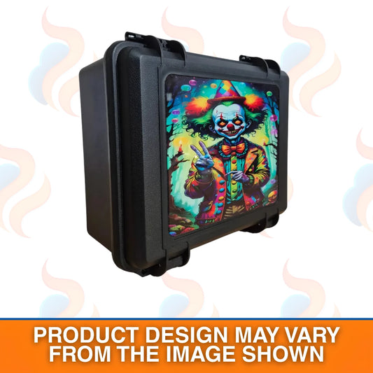 Colourful clown design on a black case with smoke effects