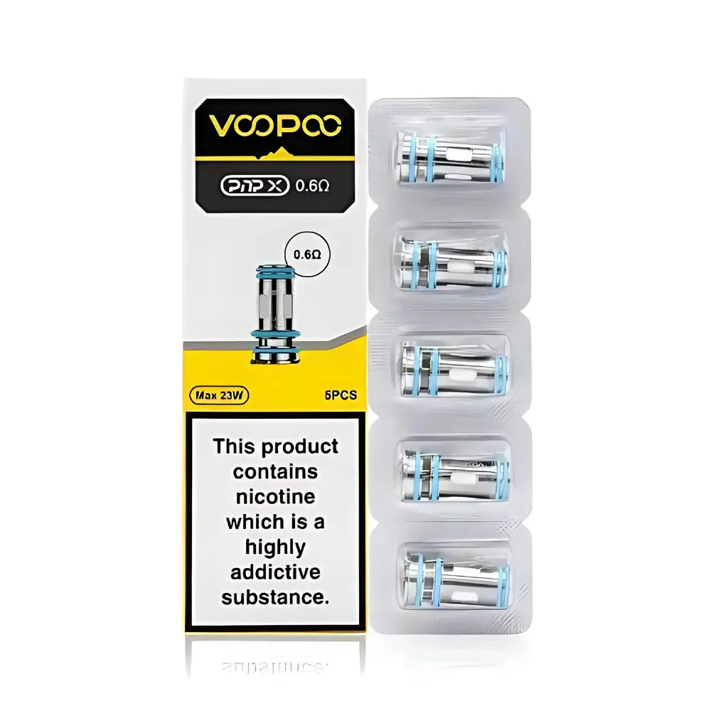 Pack of VooPoo pnp-x vape coils with nicotine warning label on a white background