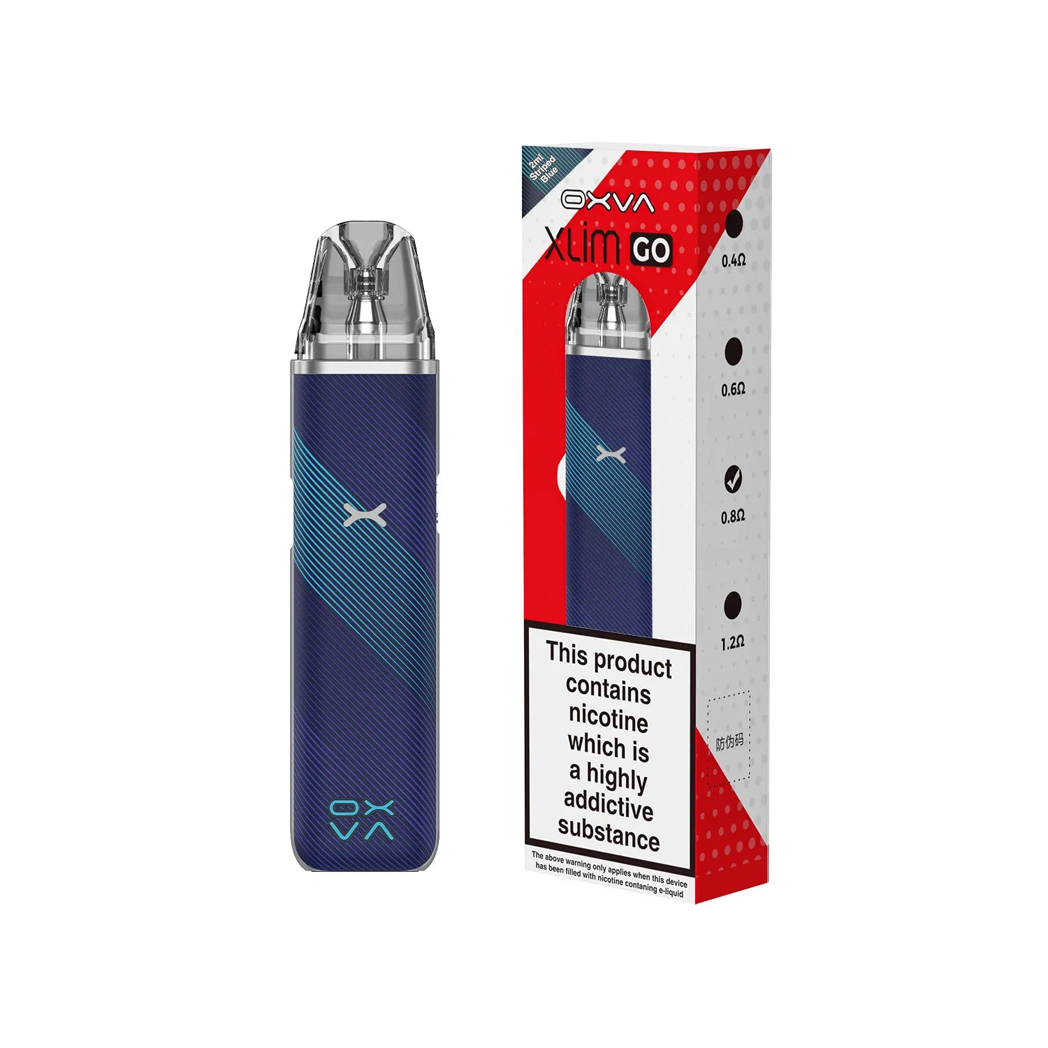 OXVA Xlim Go Striped Blue vape device with red and white packaging on a white background